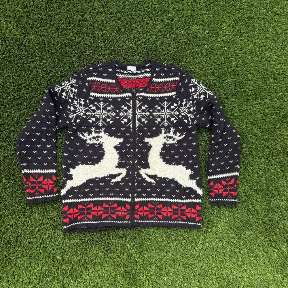 J Jill Womens Fair Isle Reindeer Snowflake‎ Full Zip Sweater xs